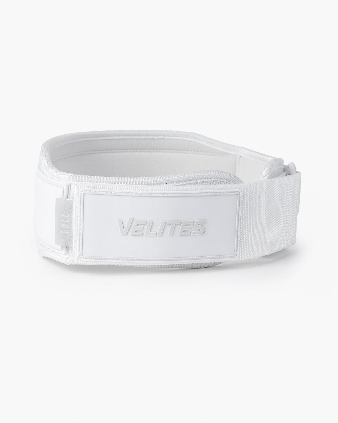Velites weightlifting belt for CrossFit and functional training, three-quarter view — white
