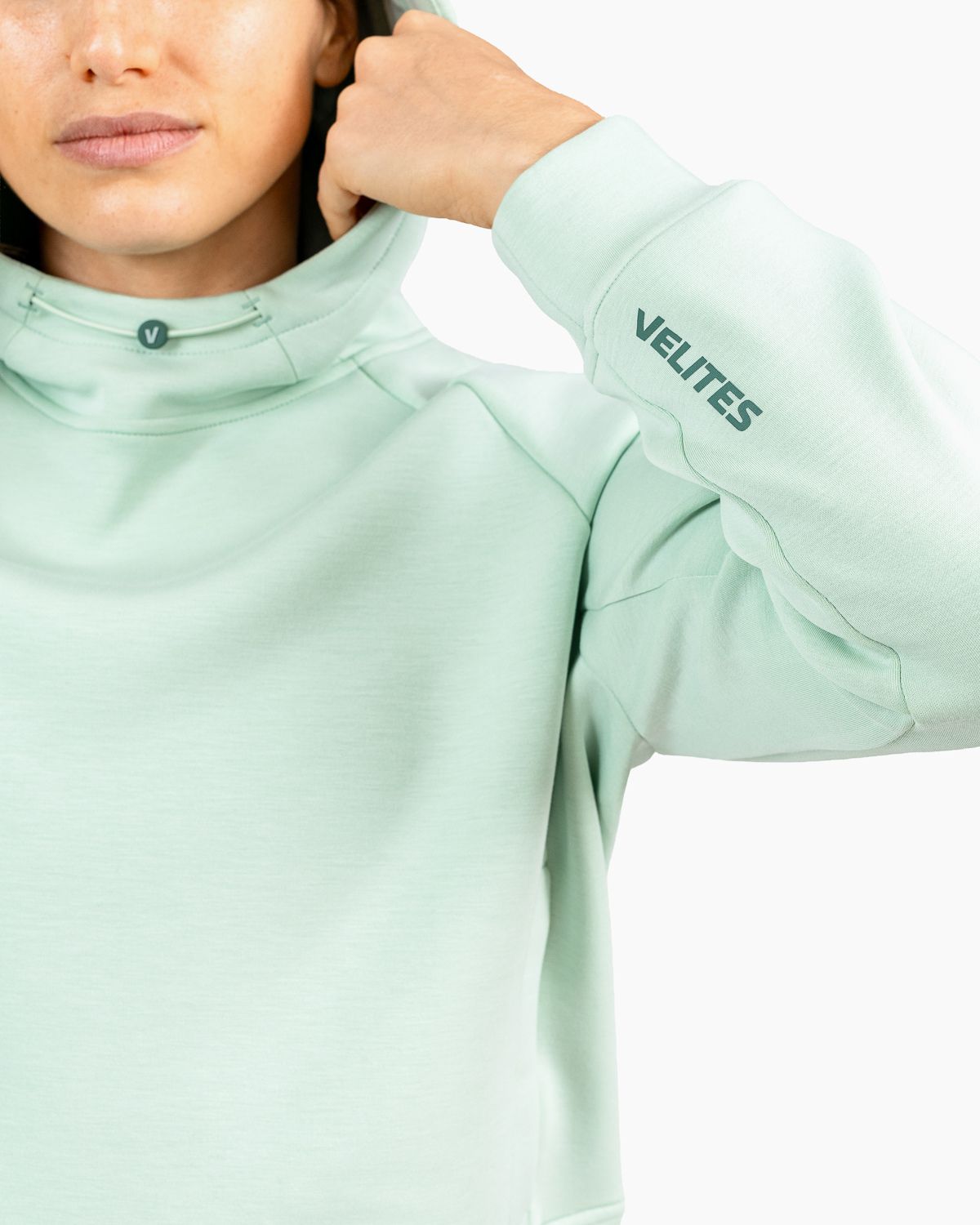 Velites women's Holo crop hooded sweatshirt hood detail color_Mojito