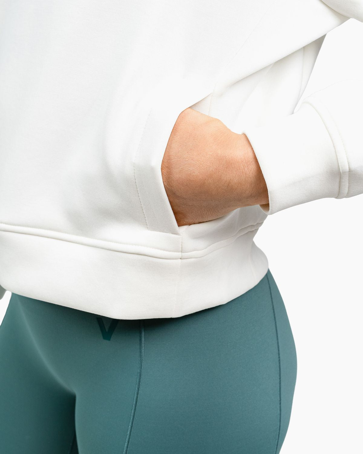 Velites women's Holo crop hooded sweatshirt pocket detail color_Pearl