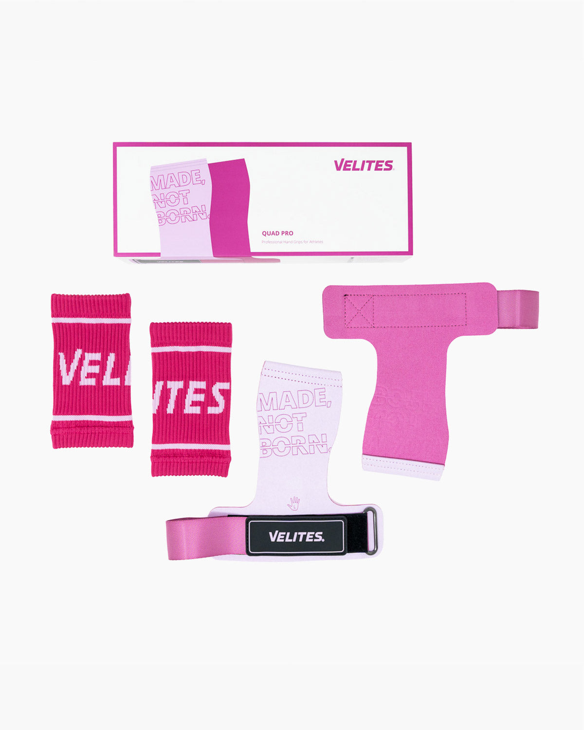Pack Velites Quad Pro magnesium hand grips and wrist wraps pink