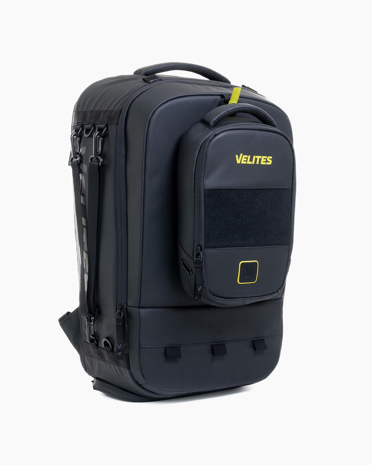 Three-quarter left view of Velites Storm backpack with black WODBAG