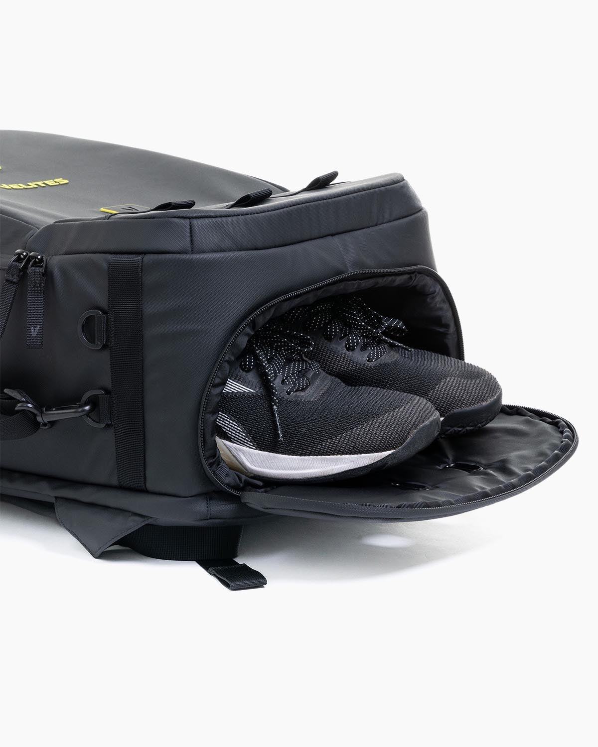 Shoe compartment view of Velites Storm backpack for functional training and CrossFit in black