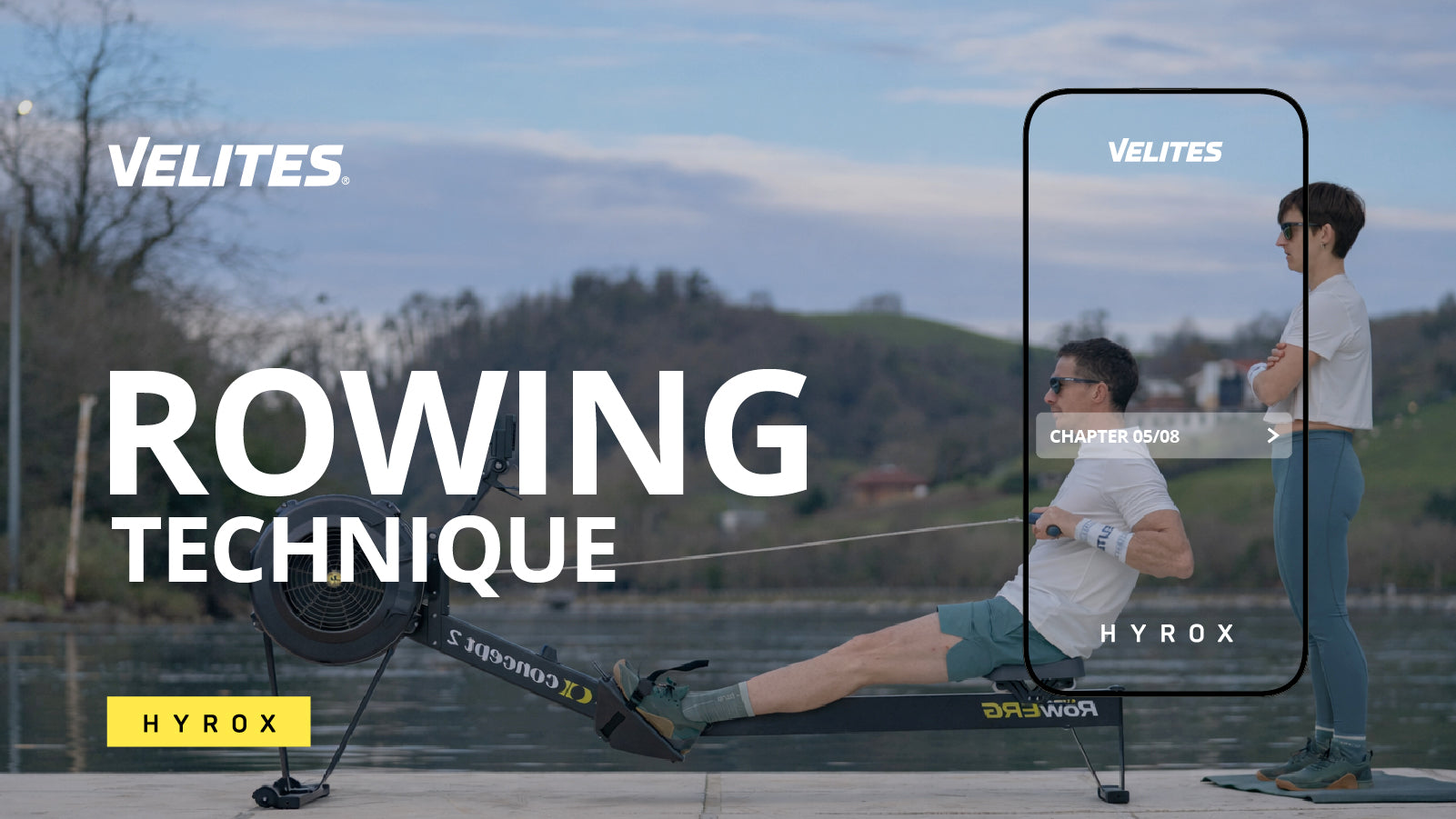 Athlete performing the drive phase on the rower during the HYROX course Velites