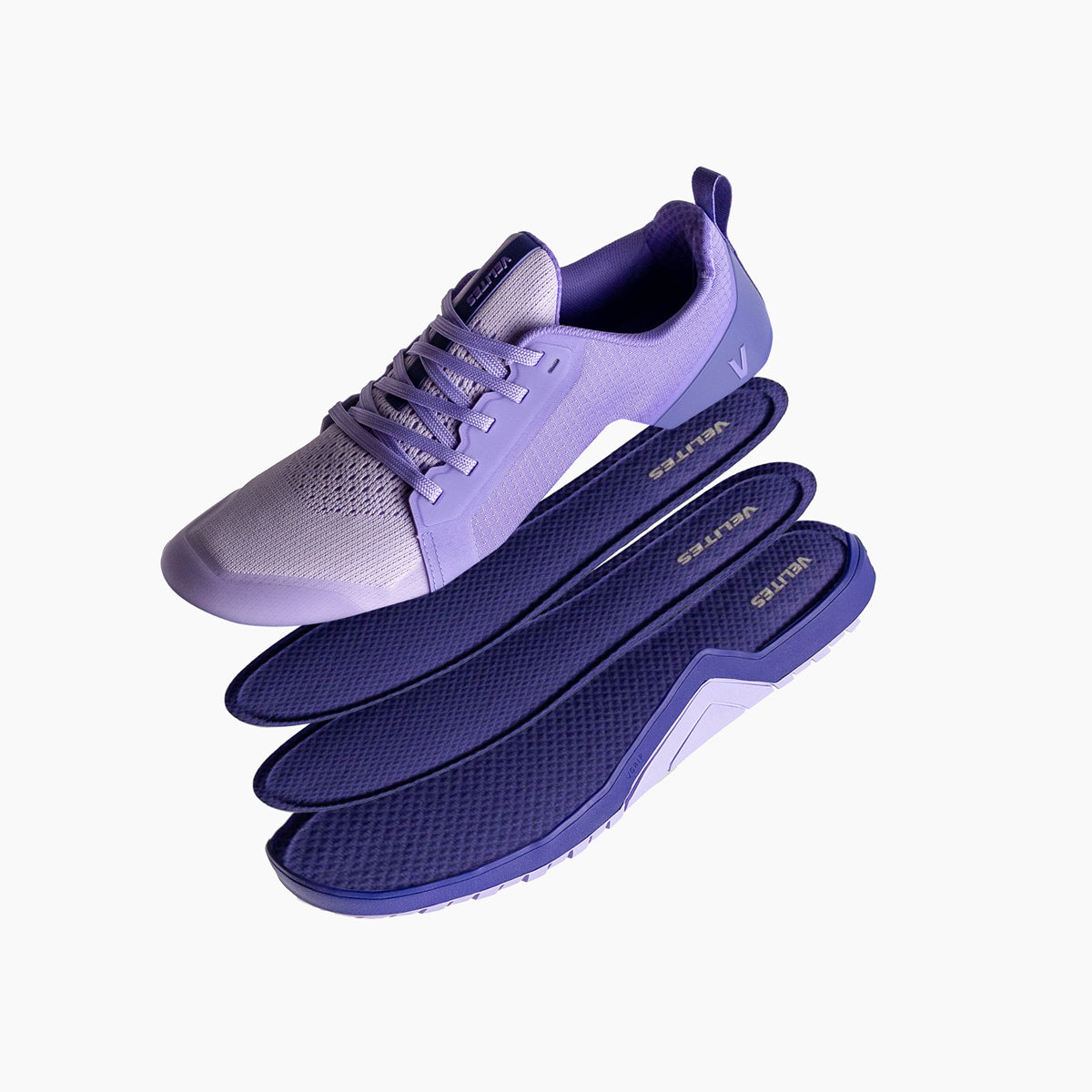 Velites Minimal 1.0 Lavender shoe with three-layer interchangeable insole system of different thicknesses