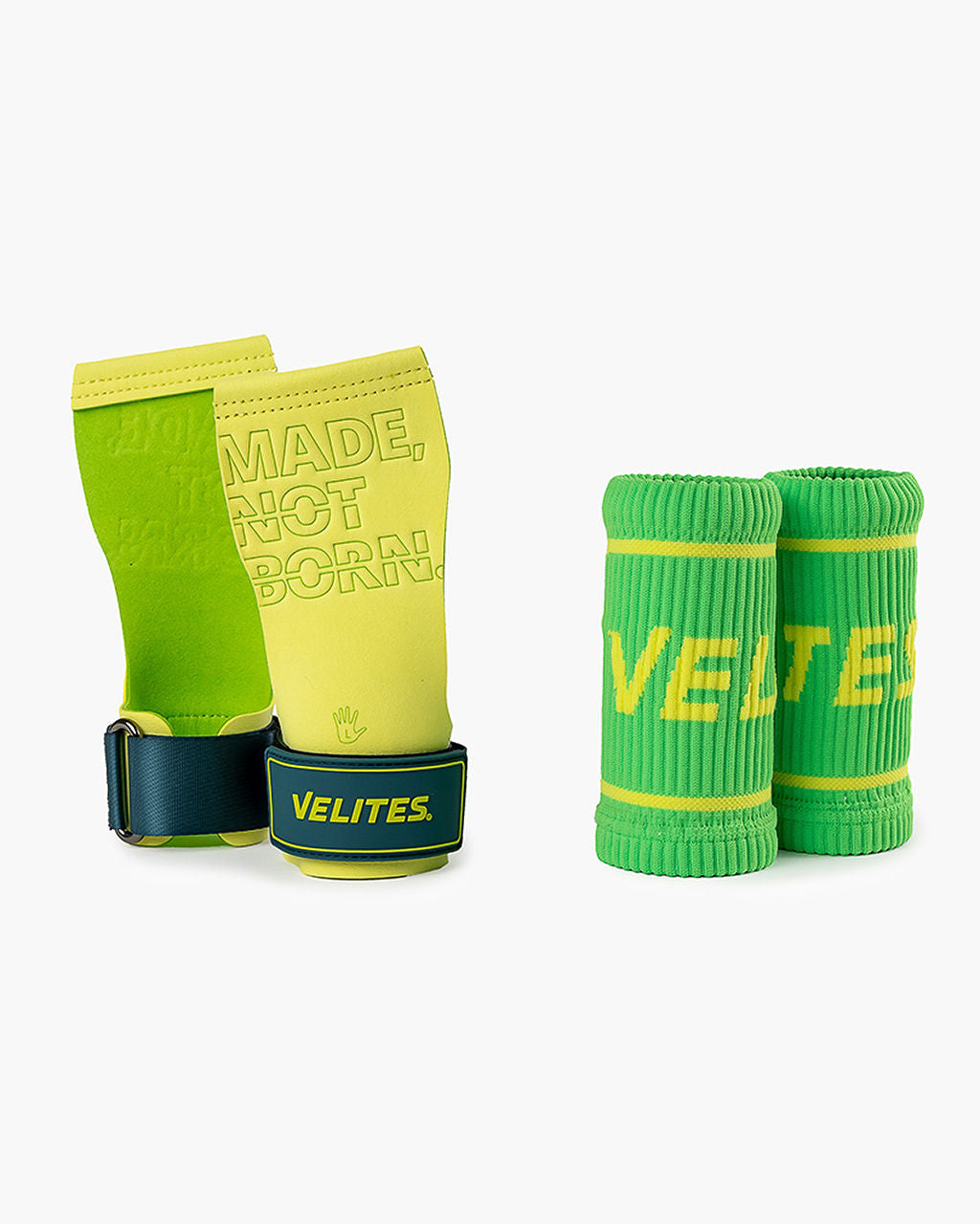 Velites Quad Pro magnesium hand grips with wrist wraps lemon lime