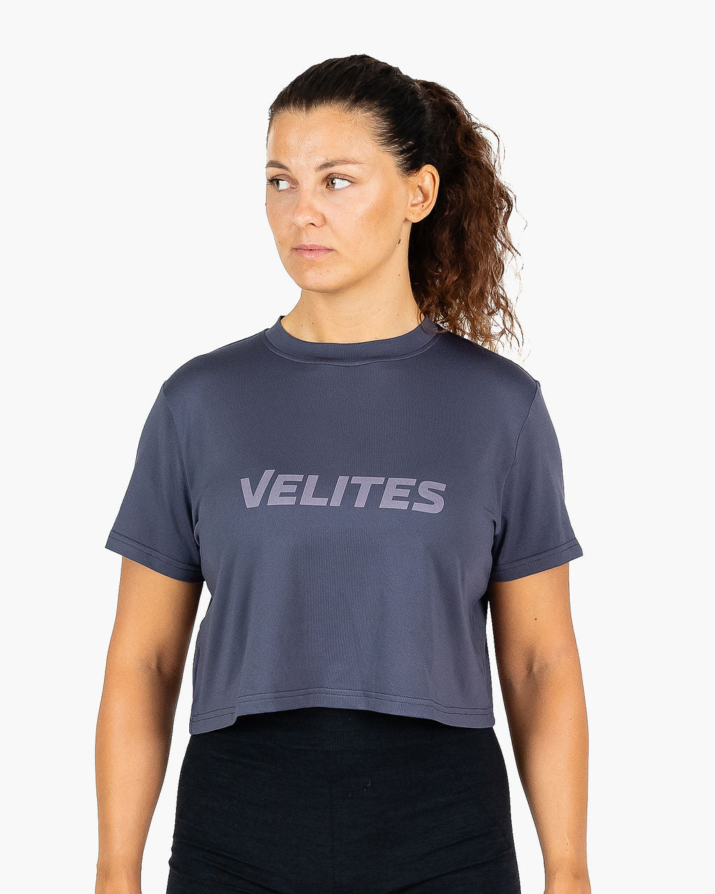 Velites Holo t-shirt crop da donna davanti color_Stone Grey