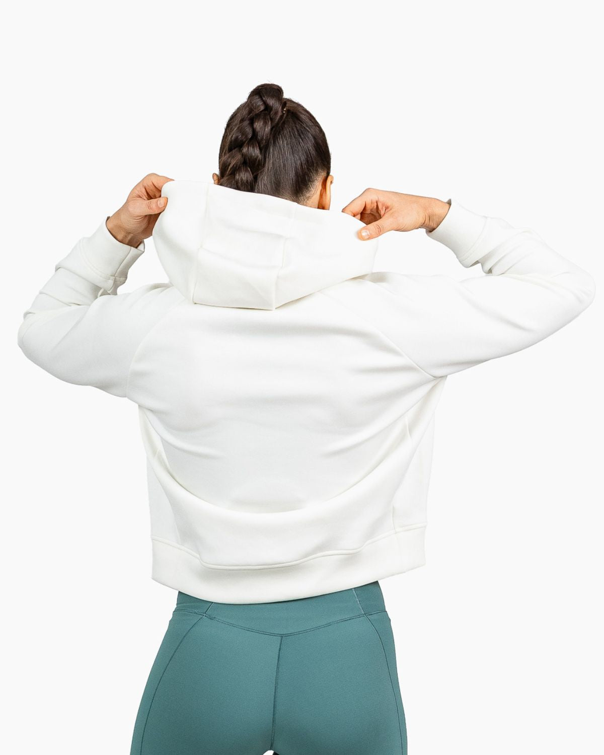 Velites women's Holo crop hooded sweatshirt hood detail color_Pearl