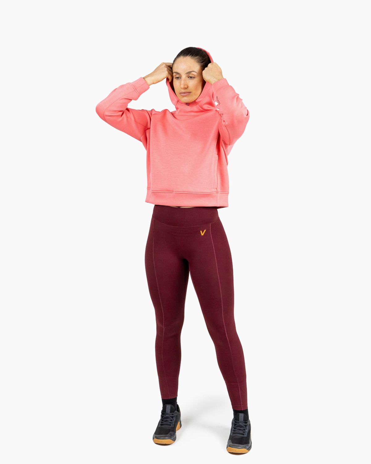 Velites women's Holo crop hooded sweatshirt hood detail color_Raspeberry