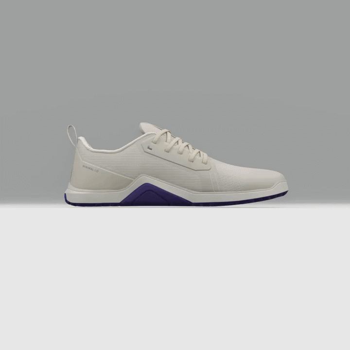 GIF of Minimal 1.0 Velites Ivory White barefoot shoe with purple elastic sole demonstrating extreme flexibility by twisting and folding