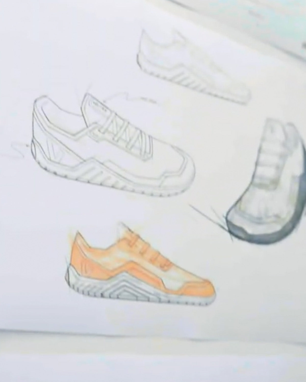 Technical design sketches of Minimal 1.0 Velites shoes in conceptual drawing and color study phase