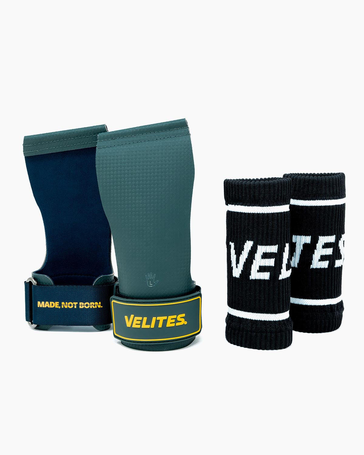 Quad Ultra no-chalk grips and wrist wraps blue and green