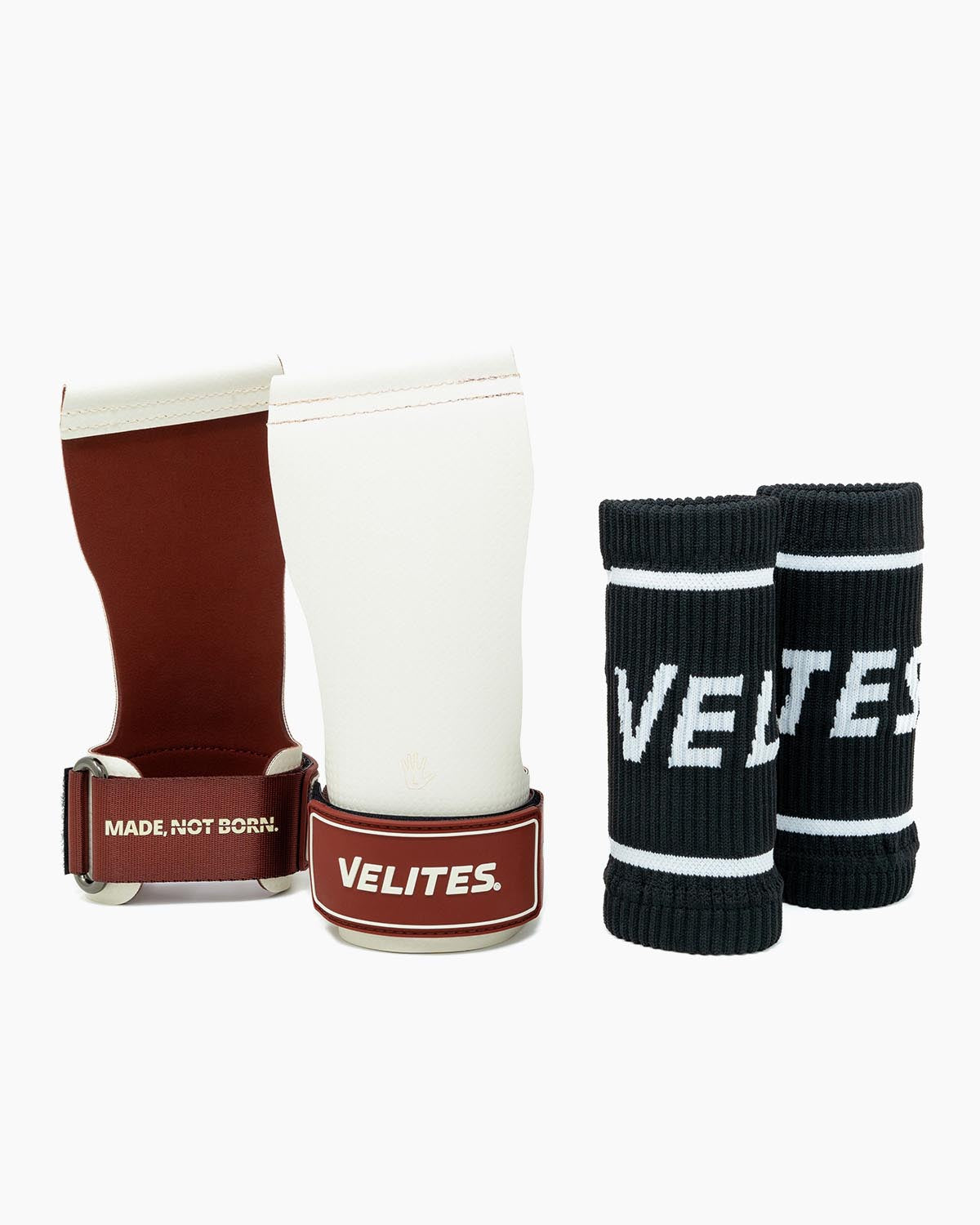 Quad Ultra no-chalk grips and wrist wraps brown and white