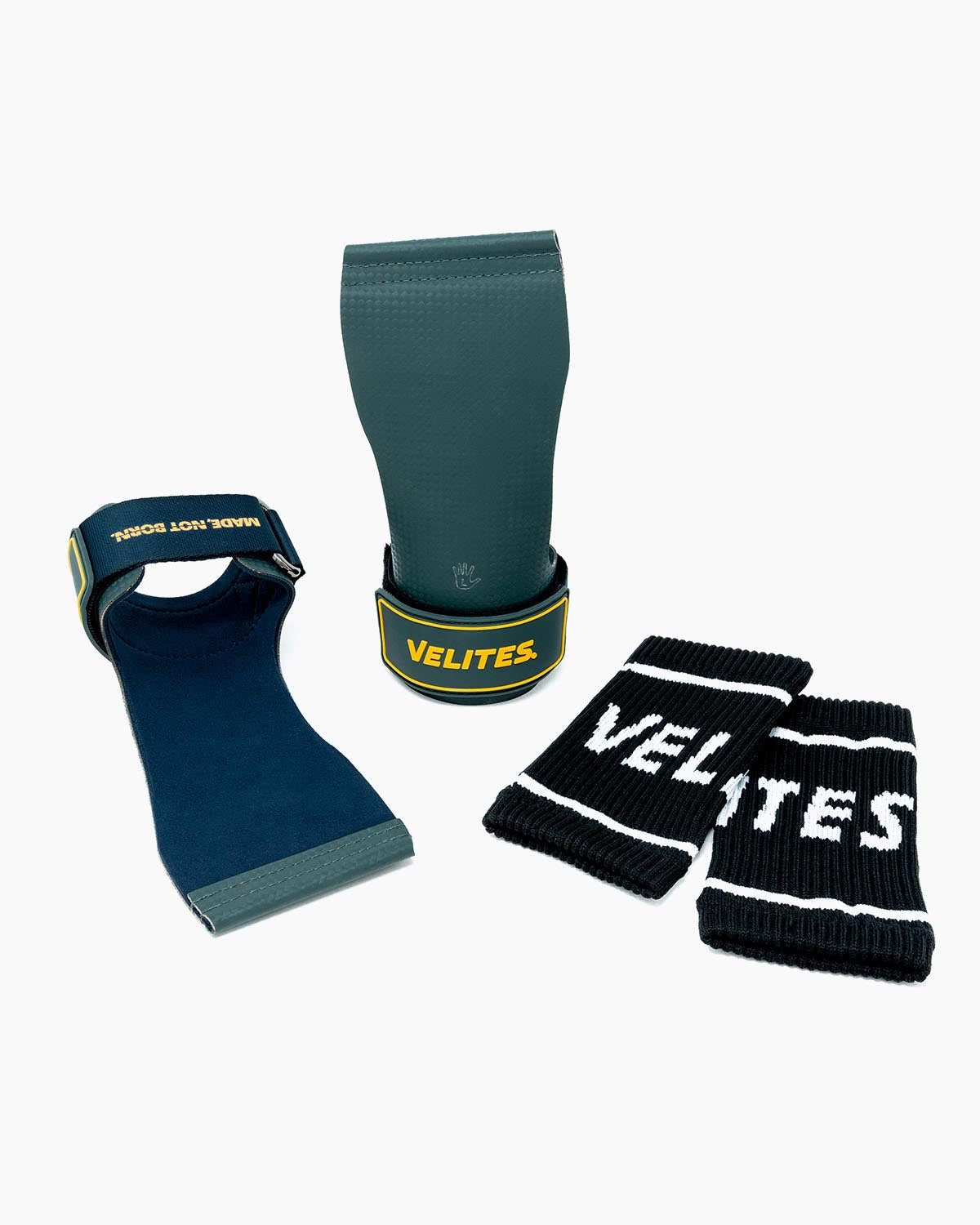 Detail Quad Ultra no-chalk grips and wrist wraps blue and green