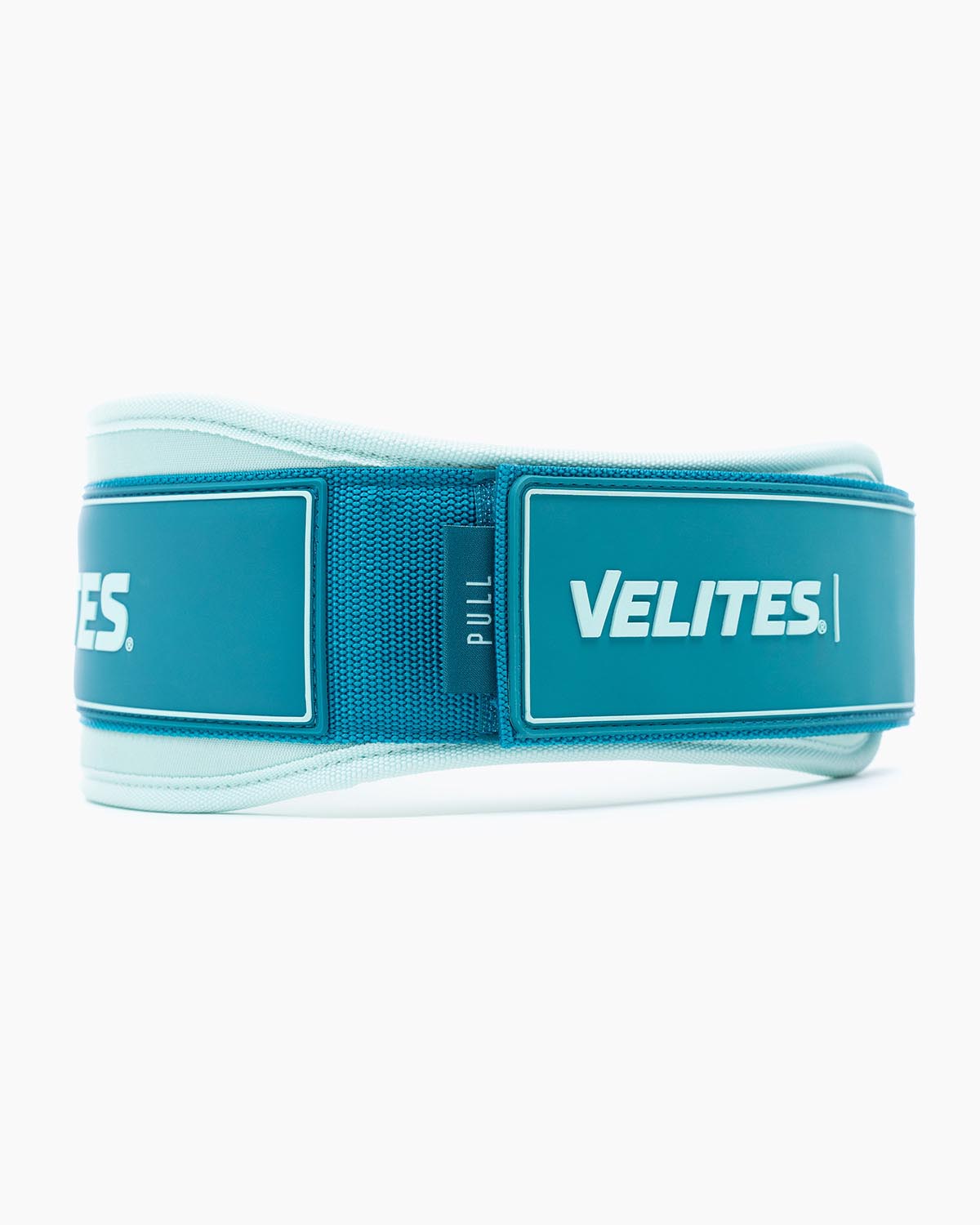 Velites weightlifting belt for CrossFit and functional training, three-quarter view — light blue