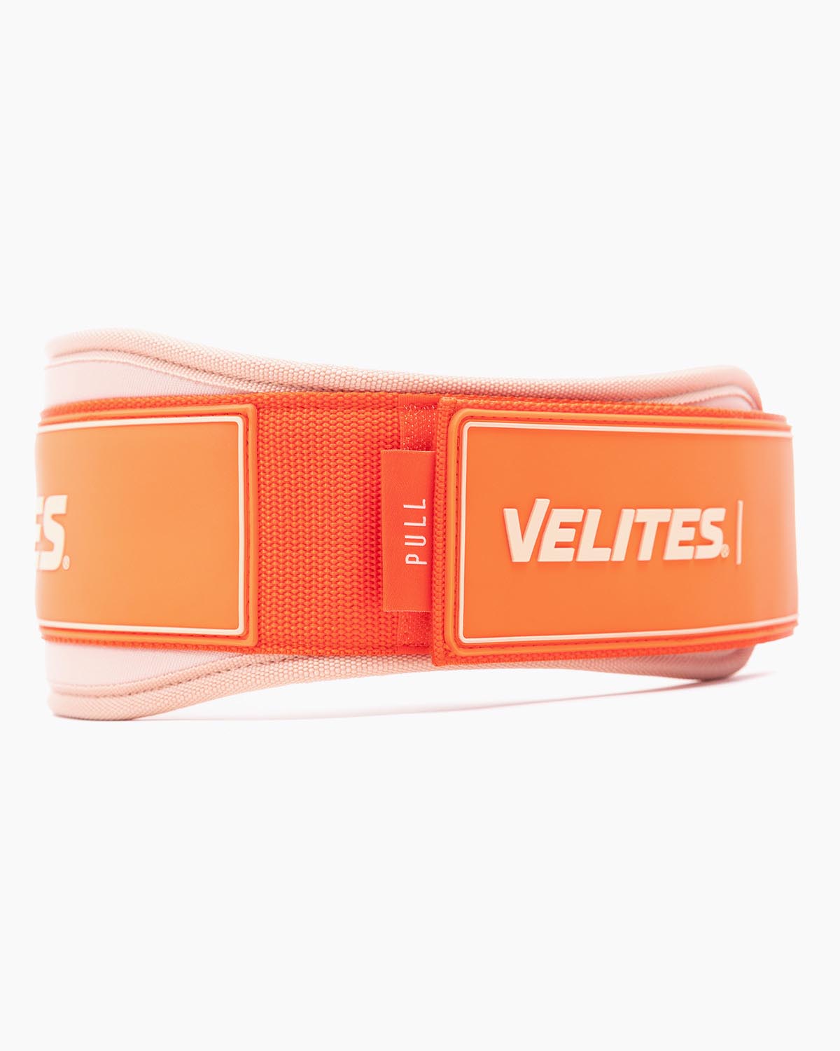 Velites weightlifting belt for CrossFit and functional training, three-quarter view — orange and white