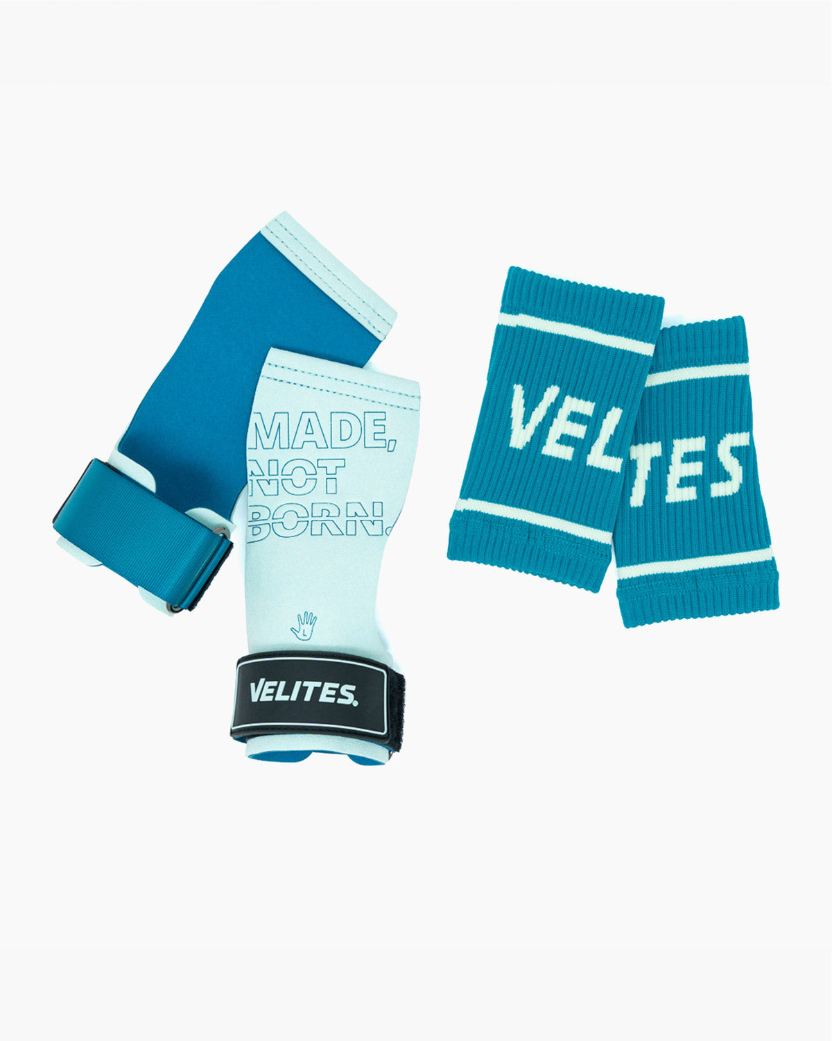 Velites Quad Pro magnesium hand grips and wrist wraps blue