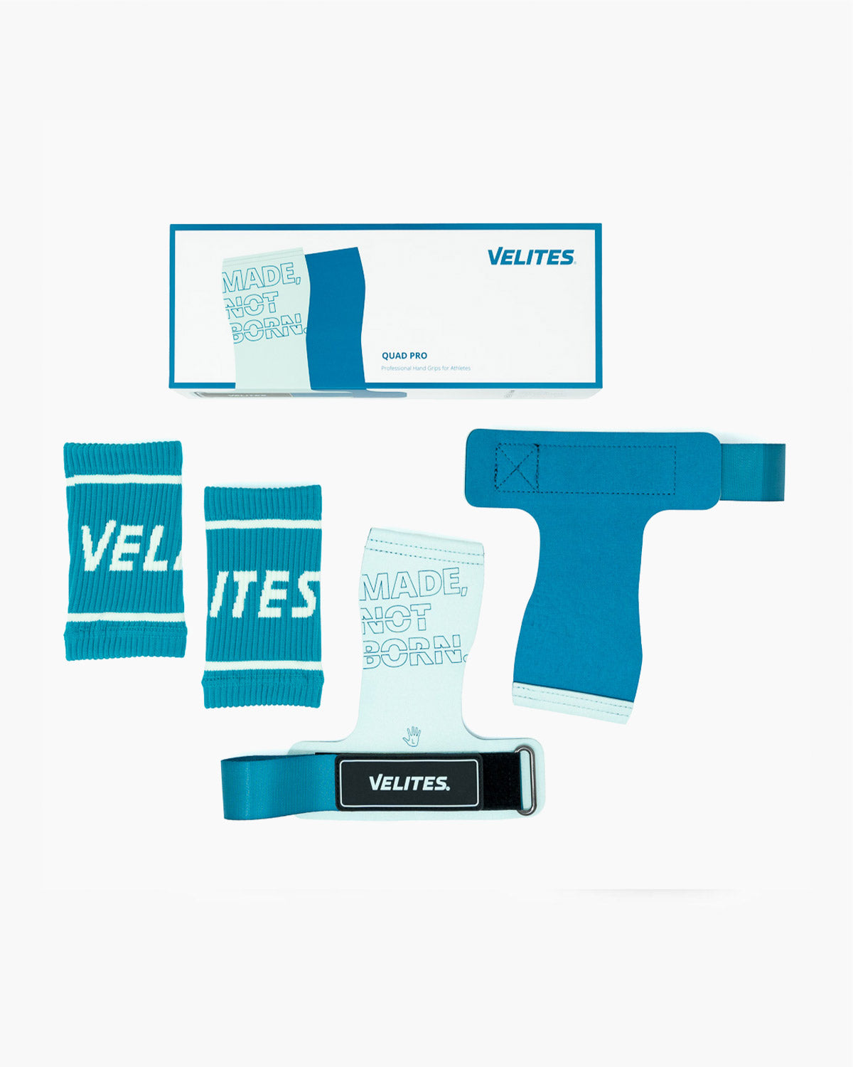 Pack Velites Quad Pro magnesium hand grips and wrist wraps blue