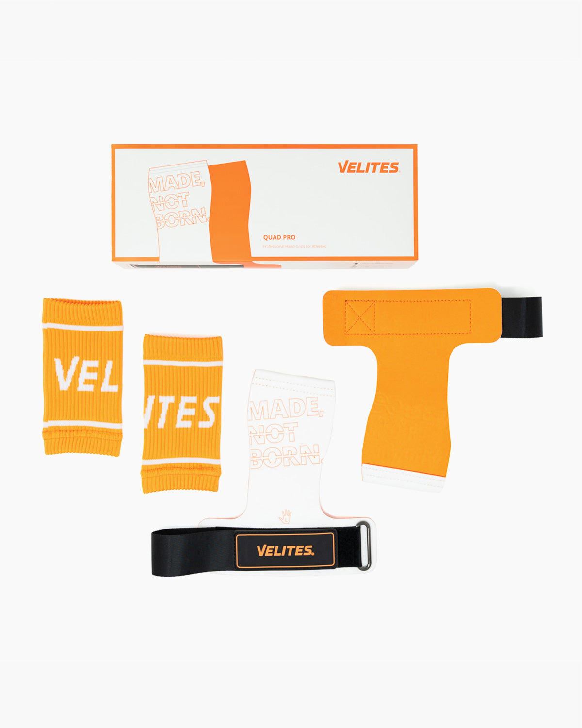 Pack Velites Quad Pro magnesium hand grips and wrist wraps white orange