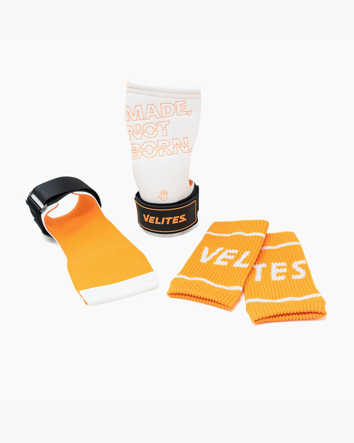 Velites Quad Pro magnesium hand grips and wrist wraps white orange