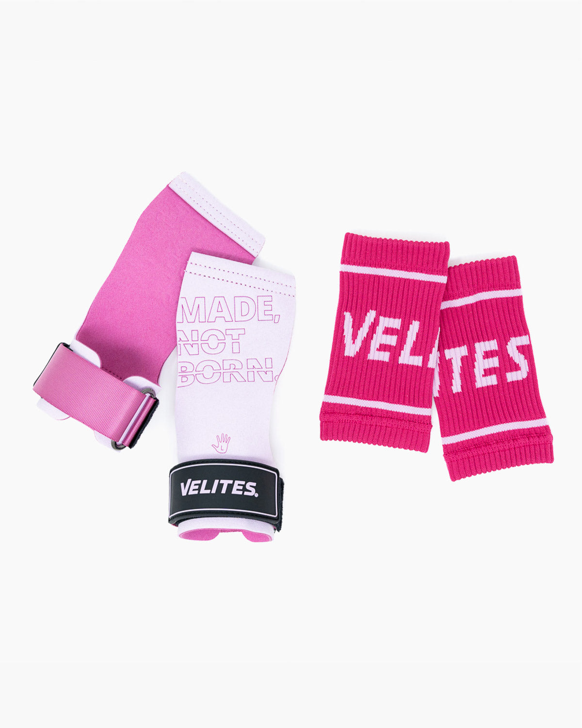 Velites Quad Pro magnesium hand grips and wrist wraps lying flat pink