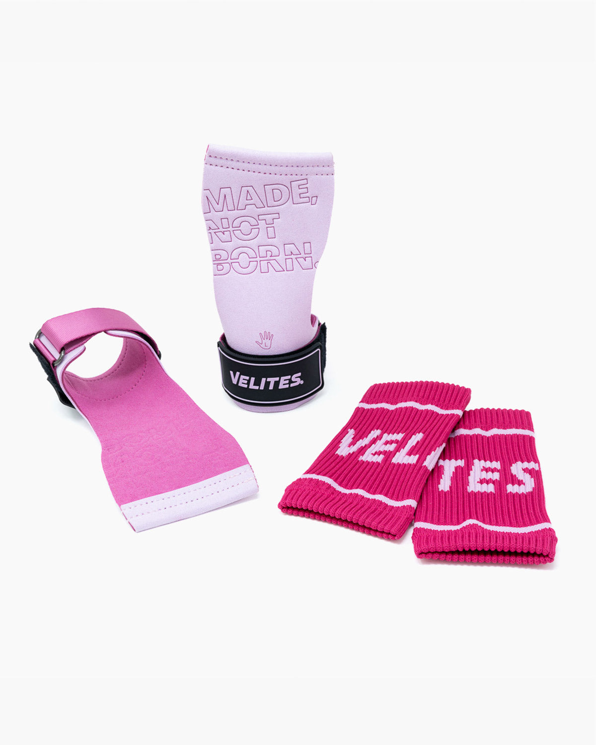 Velites Quad Pro magnesium hand grips and wrist wraps pink