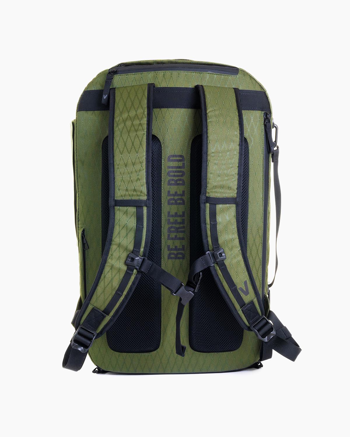 Rear view of Velites Storm backpack with WODBAG with ergonomic padded straps and chest buckle in Duradaimond Olive
