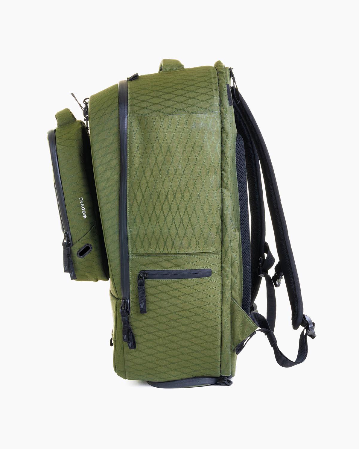 Right side view of Velites Storm backpack with WODBAG with ergonomic padded straps and chest buckle in Duradaimond Olive
