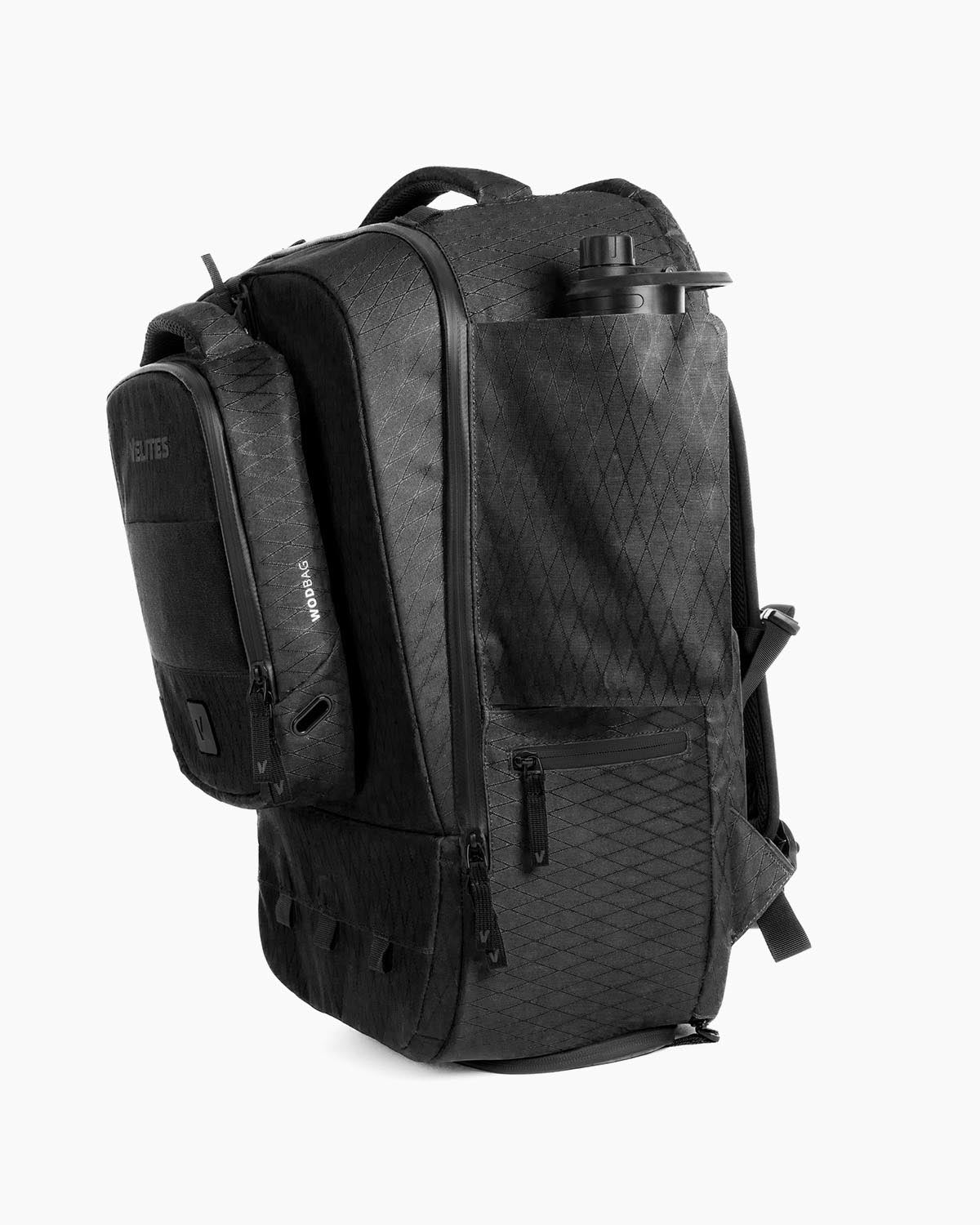 Three-quarter right view of Velites Storm backpack with WODBAG with ergonomic padded straps and chest buckle in Duradaimond Anthracite