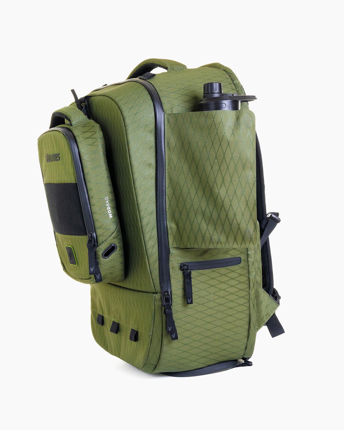 Three-quarter right view of Velites Storm backpack with WODBAG with ergonomic padded straps and chest buckle in Duradaimond Olive
