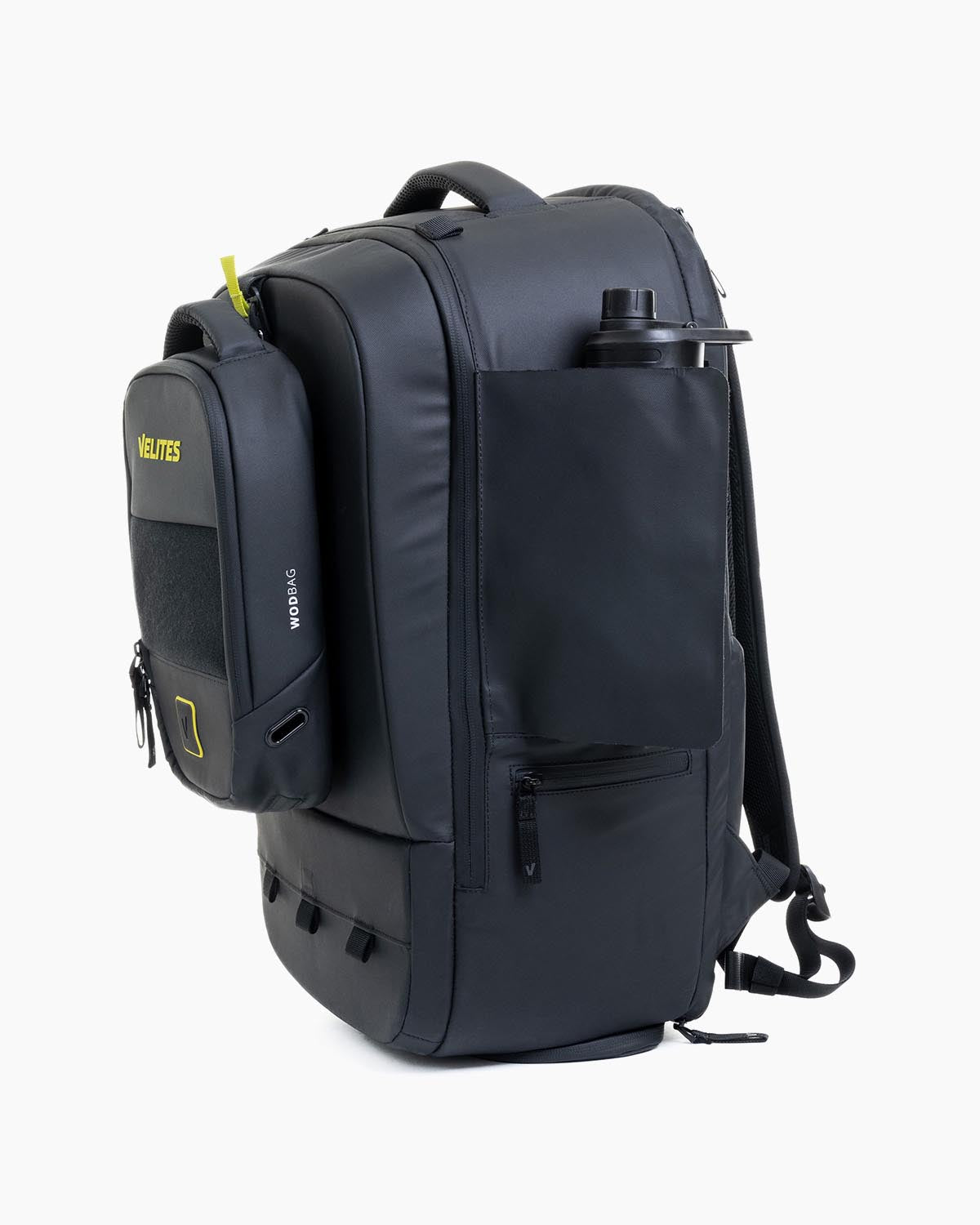 Three-quarter right view of Velites Storm backpack with black WODBAG