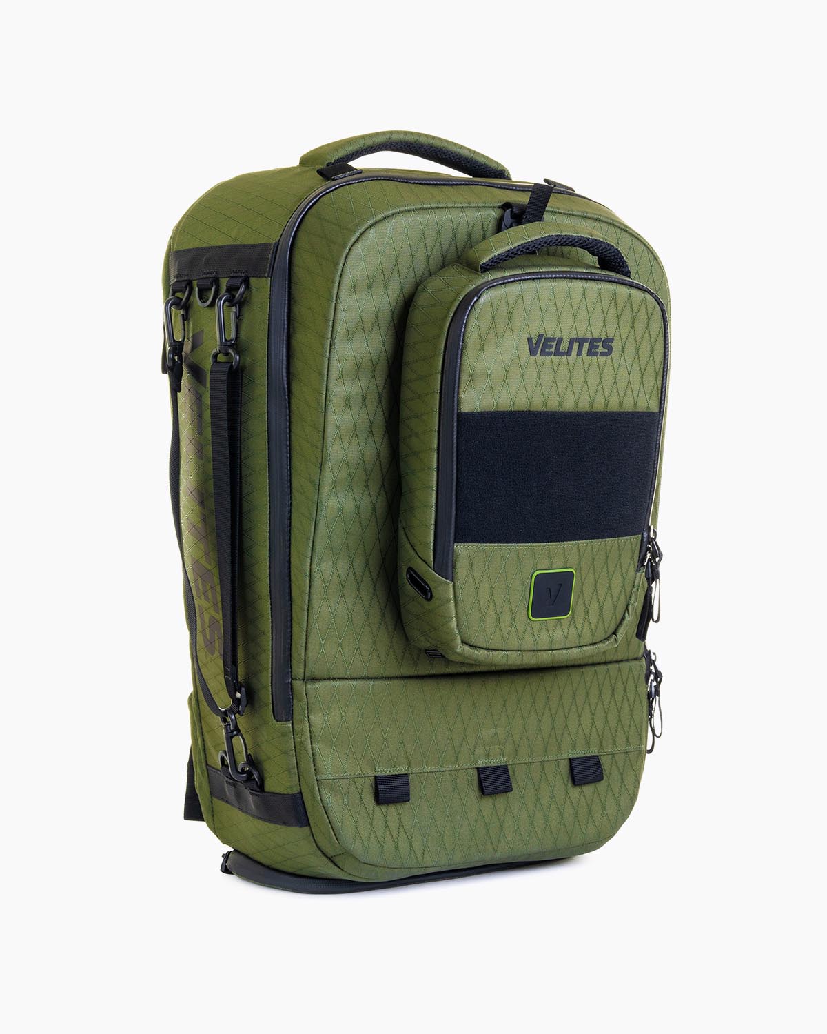Three-quarter left view of Velites Storm backpack with WODBAG Duradaimond Olive