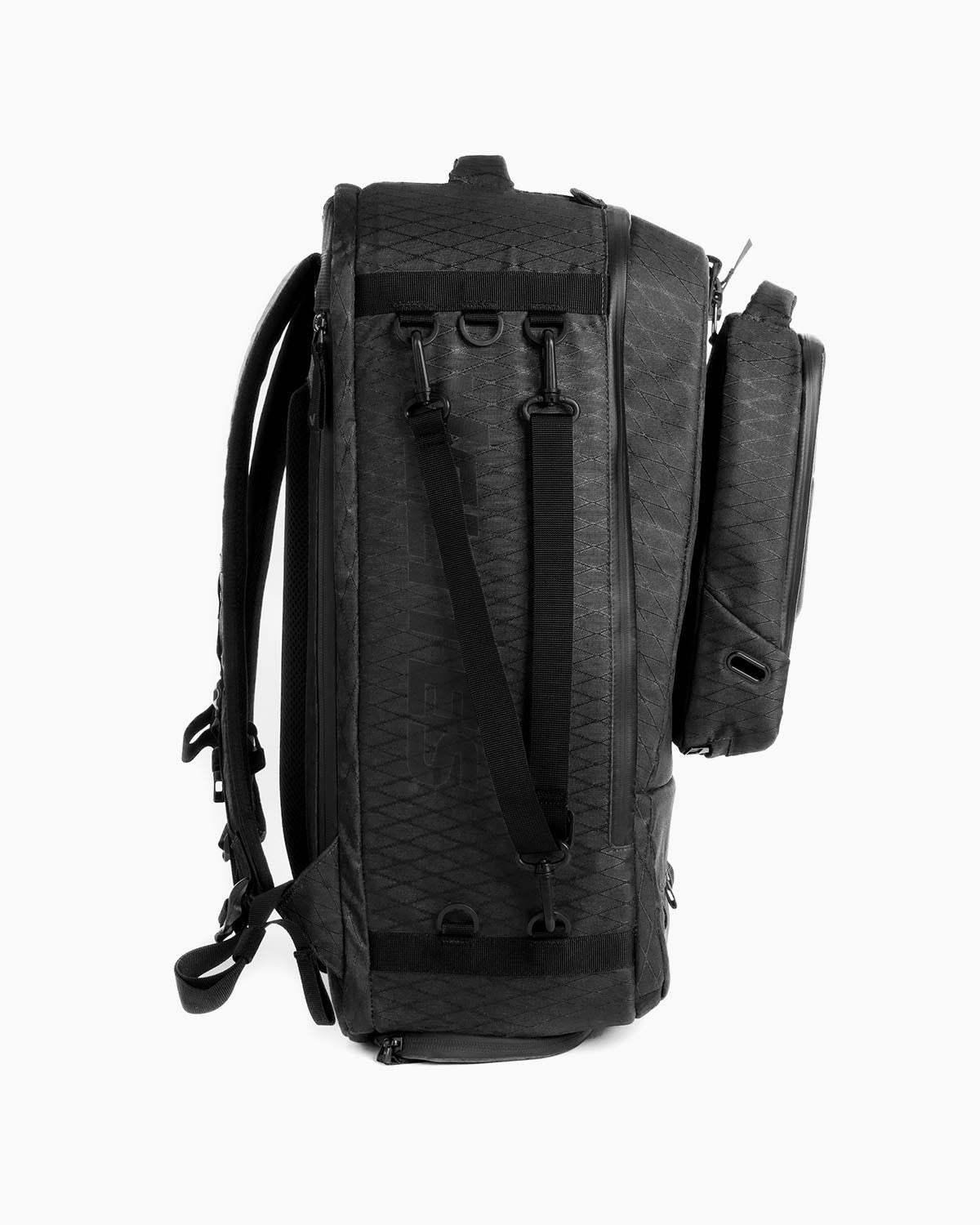 Left side view of Velites Storm backpack with WODBAG with ergonomic padded straps and chest buckle in Duradaimond Anthracite