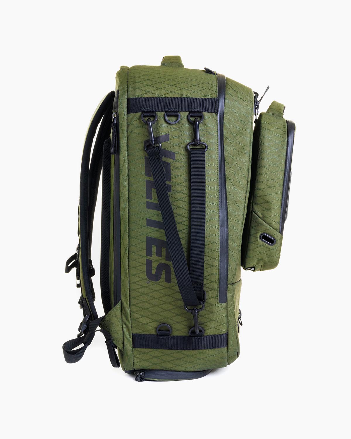 Left side view of Velites Storm backpack with WODBAG with ergonomic padded straps and chest buckle in Duradaimond Olive