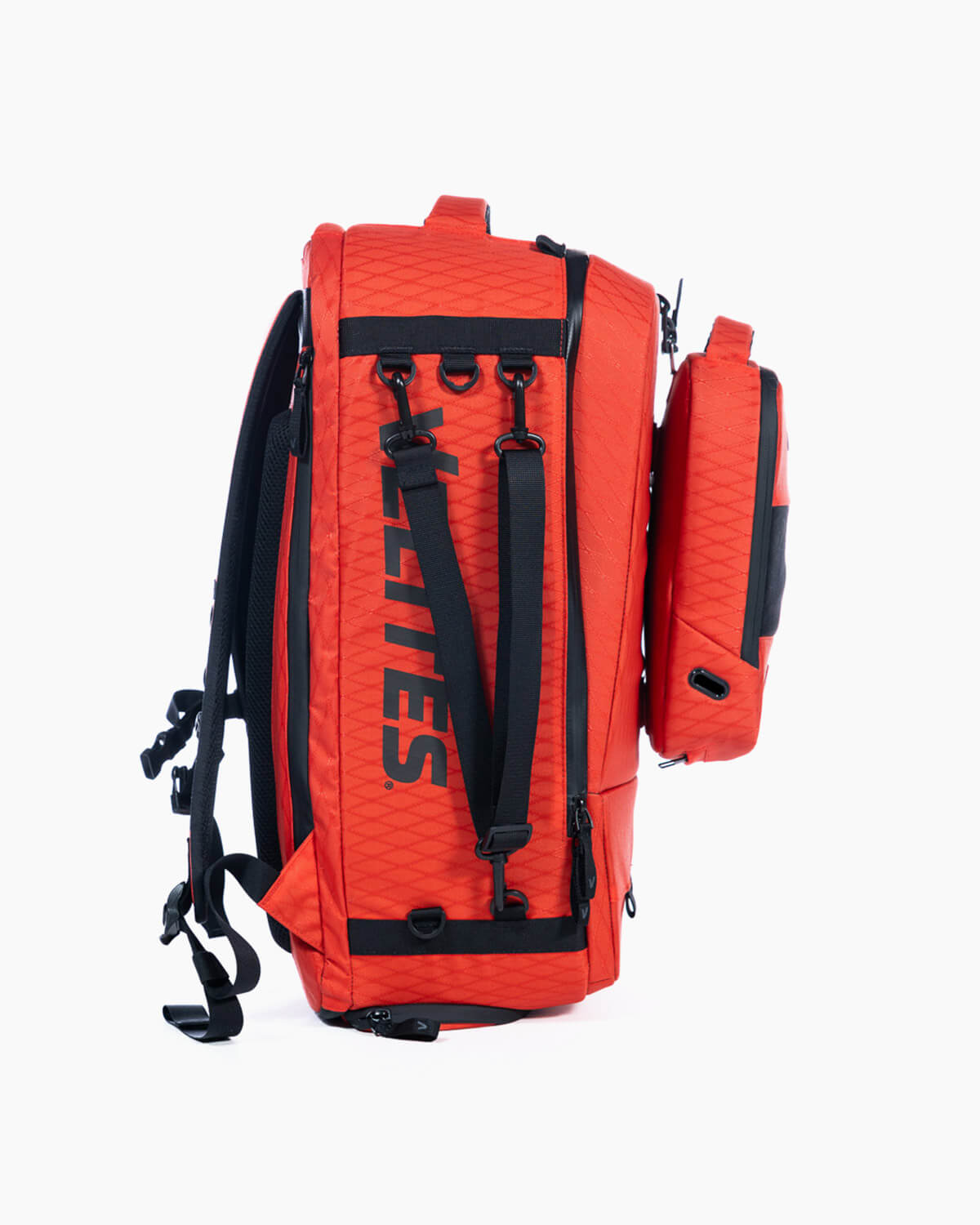 Left side view of Velites Storm backpack with WODBAG with ergonomic padded straps and chest buckle in Duradaimond Magma
