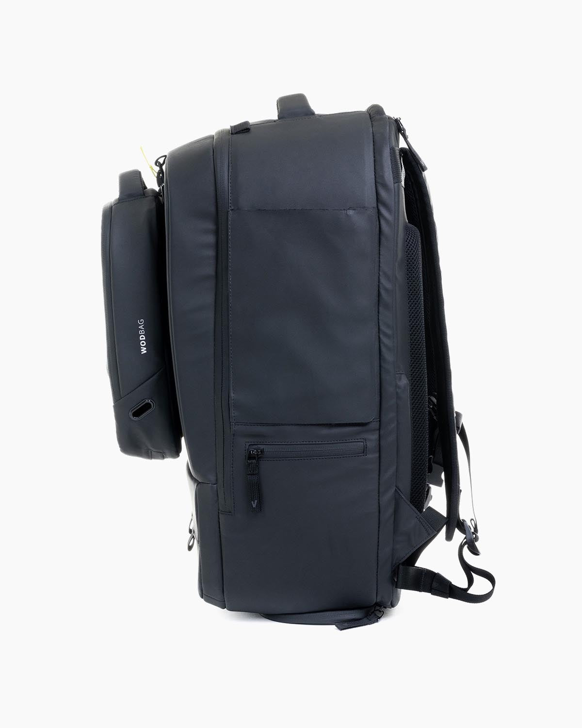 Right side view of Velites Storm backpack with WODBAG with ergonomic padded straps and black chest buckle